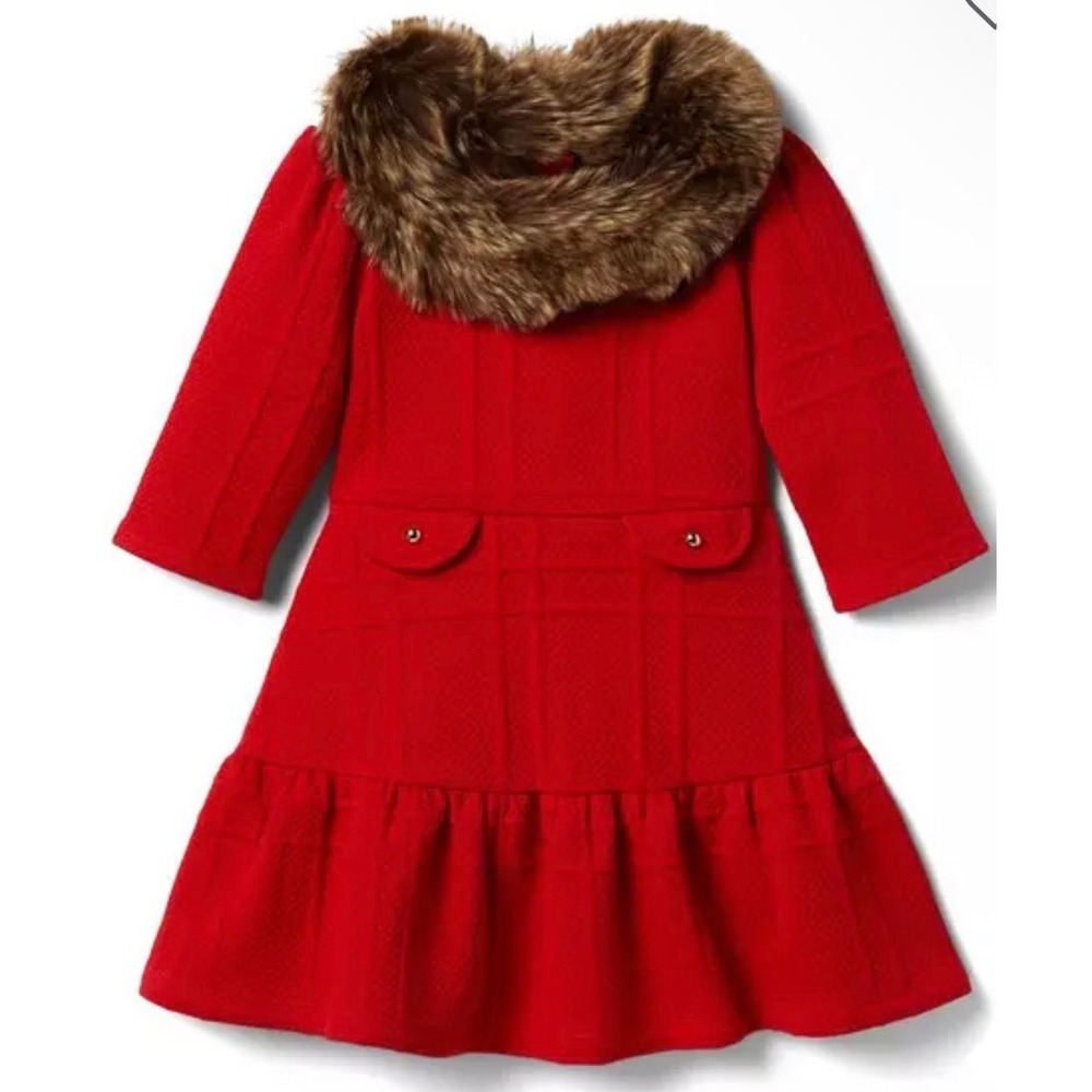 Janie and Jack Girls Red Quilted Plaid Dress Faux Fur Collar Size 8 NWT